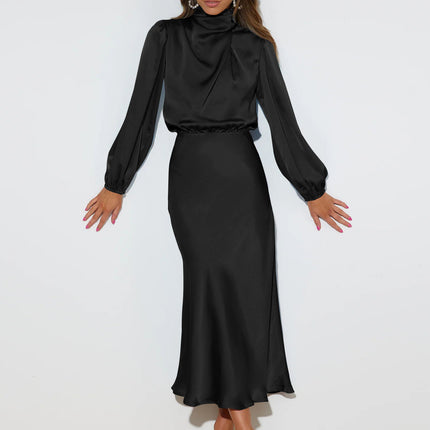 Elegant Temperament Long-sleeved Dress Satin Halterneck Formal Evening Dresses Women Clothing