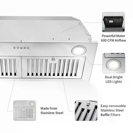 30" Built-In Insert Range Hood 600CFM Kitchen Vent LEDs Convertible Fan Sliver
