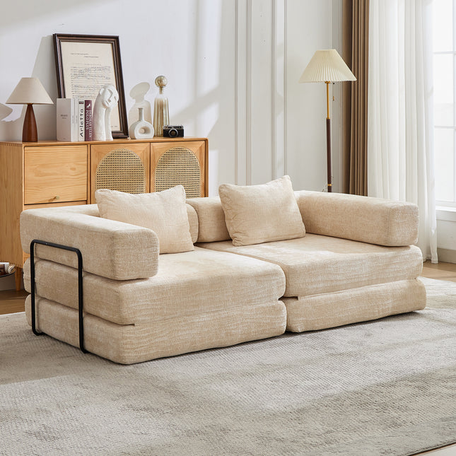 Compression Sofa,Convertible Floor Sofa Bed With Fixed-Shape Frame, Loveseats Boneless Modular Sectional Sofa,No Assembly Required,Chenille Fabric,for Living Room Bedroom,Beige