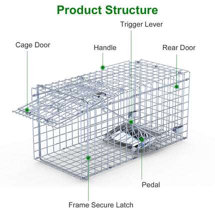 2Pcs 18x8x10In Humane Single Door Live Animal Trap Collapsible Galvanized Iron Animal Cage Catch And Release For Small Squirrel Raccoon Feral Cat Weasel Armadillo Opossum