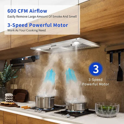 Range Hood Insert 30 Inch; Stainless Steel Kitchen Vent Hood 600CFM; Built-in Kitchen Stove Hood W/Front Button Controls And Front LED Lights; Baffle Filters; Ducted/ductless Convertible Duct