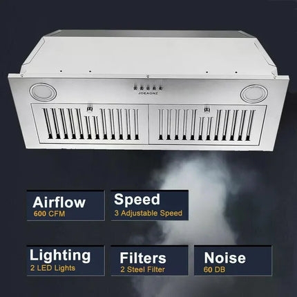 30 Inch Insert Range Hood 600 CFM;  Built-in Stainless Steel Range Hoods With Right Button Controls And Back LED Lights; Kitchen Hood For Over Stove; Ducted/Ductless Convertible Vent Hood