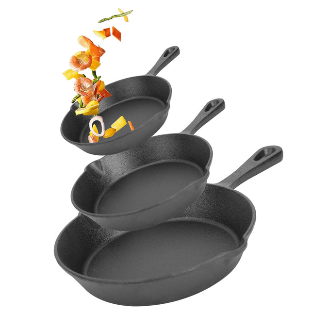 3Pcs Pre-Seasoned Cast Iron Skillet Set For Indoor Outdoor 6in 8in 10in Non-Stick Oven Safe Cookware Heat-Resistant Frying Pan For Frying Cooking Baking