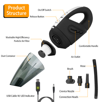 Car Handheld Vacuum Cleaner Cordless Rechargeable Hand Vacuum Portable Strong Suction Vacuum With Hose Nuzzle Brush For Dust Pet Hair