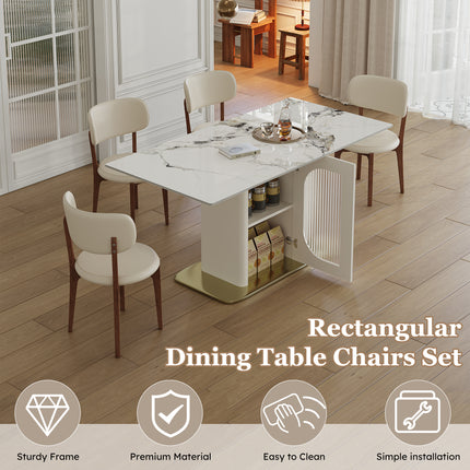 63 Modern 4-6 Person Dining Table Set With Storage  Burnt Stone Tabletop & Gold Solid Wood Base  Includes 4  White PU Chairs For Kitchen  Apartment
