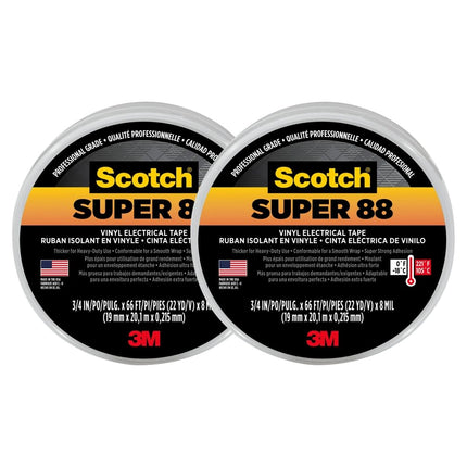 3M Scotch Super 88 Vinyl Electrical Tape, -18 to 105 Degree C, 10000 mV Dielectric Strength, 66' Length x 3/4" Width, Black, 2 PACK
