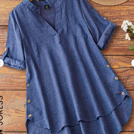 Plus Notched Neck Roll Tab Sleeve High Low Hem Blouse