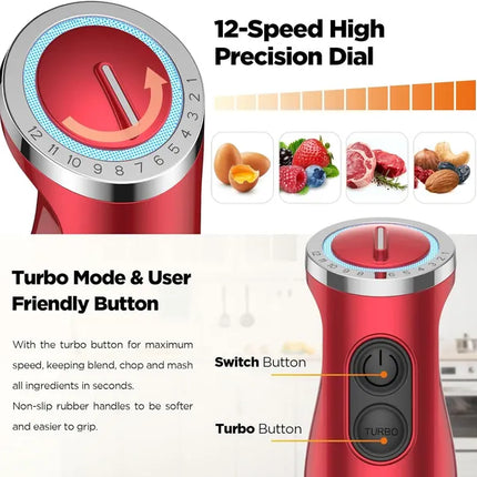 KOIOS 5-in-1 Hand Immersion Blender, 1000W 12 Speed Handheld Blender, Copper Motor Stainless Steel Blade Stick Blender,600ml Mixing Beaker,500ml Food Processor, Whisk, Milk Frother, BPA-Free, Red