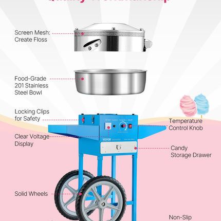 Commercial Cotton Candy Machine With Cart Sugar Floss Maker 1000W For Party Blue
