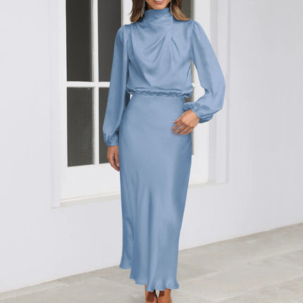 Elegant Temperament Long-sleeved Dress Satin Halterneck Formal Evening Dresses Women Clothing