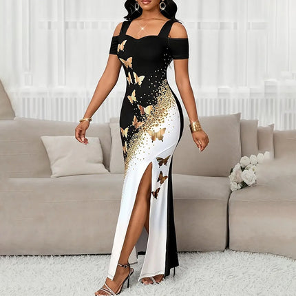 Women's Color-Block Butterfly Print Maxi Dress, Off-Shoulder Bodycon Gown With High Slit For Spring And Summer Parties