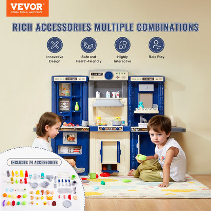 Christmas Gift VEVOR Kitchen Playset Kids Pretend Cooking Play Toy 74 Piece Accessories Blue