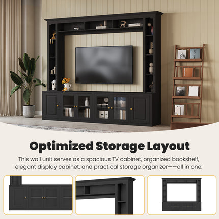 4-Piece Modern Entertainment Center Wall Unit With Bookshelves, All-in-1 Large TV Stand With Tempered Glass Door For TVs Up To 80, 92inch Media Console With Adjustable Shelves For Living Room, Black