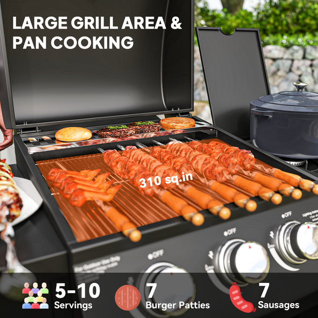 3 Burner Propane Gas Grill With Side Burner Barbecue Grill With Shelves, 9.5 KW Output, 310 Sq. In. Cooking Area