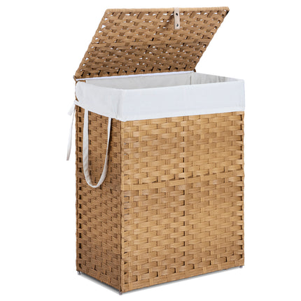 Laundry Basket With Lid, 110 L Hand-Woven Pp Rattan Laundry Basket With Compartments & Handles, Foldable, Removable Liner