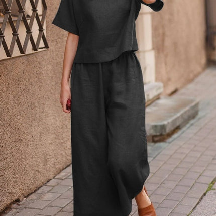 European And American Women's Linen Casual Loose Solid Color Suit Two-piece Women