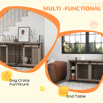 71" Modern Dog Kennel Furniture with Removable Divider, Storage for 2 Small Dogs or 1 Large Dog, Walnut