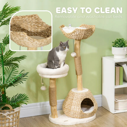 Cat Tree For Indoor Cats With Wooden Cat Scratching Posts, Cat Condo, Cat Beds & Toy Balls, Cream White