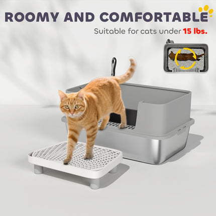 Stainless Steel Litter Box with High Sides, Metal Cat Litter Box with Scoop, Pedal, Anti-Urine Leakage, Non-Sticky