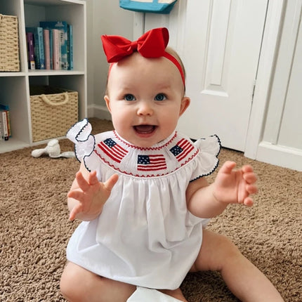 Baby Girl 4th Of July Bubble Romper, Smocked Fly Sleeve Bodysuit With American Flag Embroidery