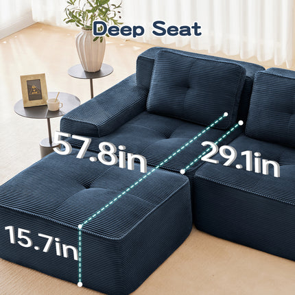 82 Modern L-Shaped Modular Sectional Sofa For Living Room, Corduroy Fabric, 2-Seater Couch With Deep Seat , Pearl-like Piping, Tufted Design, No Assembly, Anti-slip Design, Blue