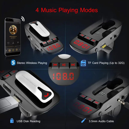 Car FM Transmitter W/ Wireless Earpiece 2 USB Charge Ports Hands-free Call MP3 Player