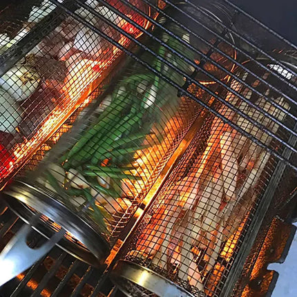 2Pcs 3.42x11.61Inch Portable BBQ Rolling Basket Round Stainless Steel Grill Mesh Barbecue Net Tube With Removable Cover Outdoor Camping