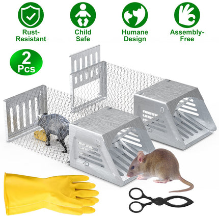 2Pcs Humane Mouse Trap Cage No Assembly Need Automatic Continuous Rat Trap With Single Way Door Reusable Catch And Release Live Cage Trap For Rodents Moles Voles Mice For Spring Summer