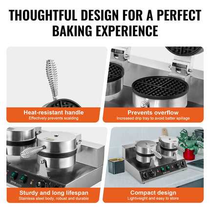 Commercial Waffle Maker Dual-Head Round Waffle Iron 2460W Non-Stick