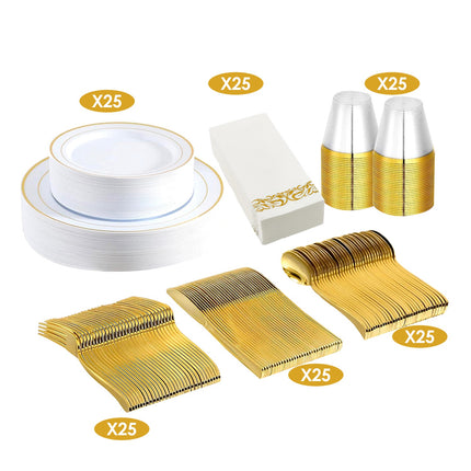 Set Of 175Pcs Disposable Gold Dinnerware Set Gold Rim Plastic Plates Cups Fork Spoon Knife Paper Napkins For Party Wedding Graduation