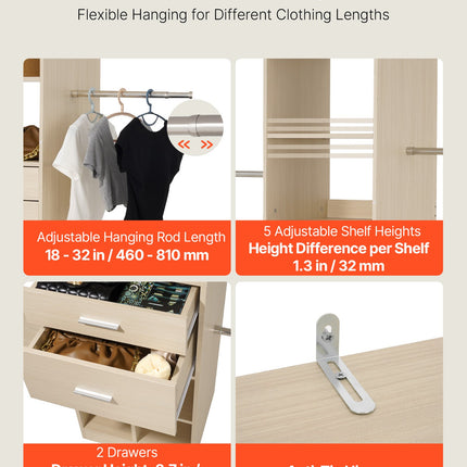 Closet System With 2 Drawers, Adjustable Height Wooden Closet Organizers, Modern Walk-in Wardrobe Organization With 5 Retractable Clothes Hanger Rods, Freestanding Garment Rack Storage, Grey