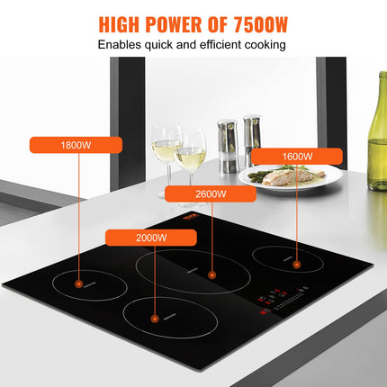 Electric Cooktop, 4 Burners, 30 Induction Stove Top, Built-in Magnetic Cooktop 7500W, 9 Heating Level Multifunctional Burner, LED Touch Screen With Child Lock  Over-Temperature Protection