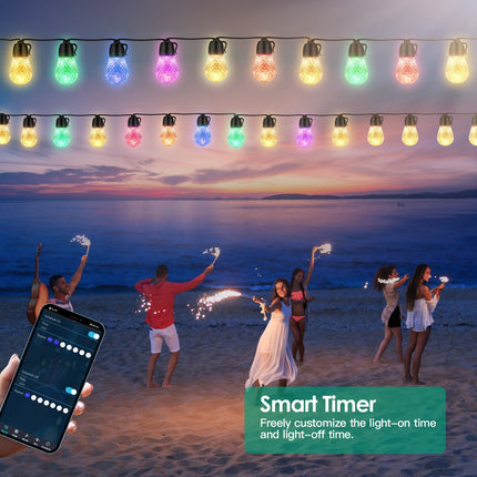 52.5FT Colorful Outdoor String Lights Smart RGB LED Patio Lights IP66 Waterproof Dimmable Hanging Light Bulbs With APP Remote Control 15 Bulbs