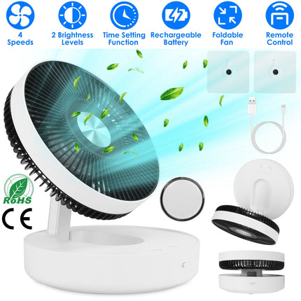 Foldable Rechargeable LED Desk Fan Wall Mounted Fan With Magnetic Remote Hanging Oscillating Fan With 4 Speeds 2 Brightness Time Setting Automatic Rotation