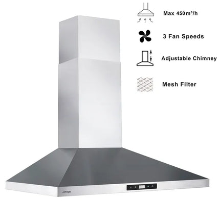 30 Inch Range Hood Wall Mounted 450 CFM Touch Panel Kitchen Stainless Steel Vented