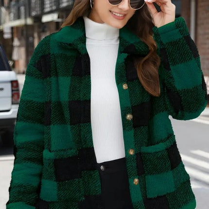 Color-blocked Plaid Jacket Fashion Lapel Pockets Single-breasted Coat Spring Fall Clothing For Women
