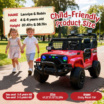 24V Two-seater Kids Ride On Electric Truck Car W Parents Control,2wd,Four-wheel Suspension, 8.66in Ground Clearance, LED & Searchlights, Bluetooth, Music, Provide 3.11-4.97MPH Speed For Kids  Aged 2-6
