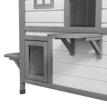  2-story Cat House Outdoor, Weatherproof Wooden Cat Enclosure for Feral Cats with Escape Door, Openable Roof, Jumping Platforms, White