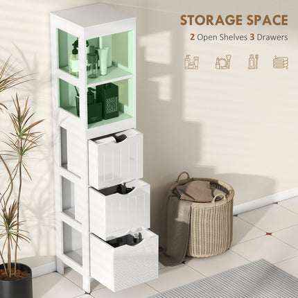 Narrow Bathroom Storage Cabinet, Bathroom Cabinet with 3 Drawers & 2 Open Shelves, Slim Bathroom Floor Cabinet, White