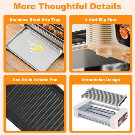 3 In 1 Electric Hot Dog Roller Machine With Grill & Griddle 6-Roller Hot Dog Cooker Smokeless Non-Stick Indoor Outdoor With 3 Temp Levels For BBQ Sausages Skewers Burgers Vegetables
