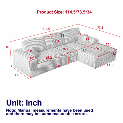114.5 Modern Corduroy Modular Foam Sofa, Recliner Seat Reversible Sofa, 2-in-1 Sofa With Recliner And L-Shaped Sofa Combination With Three Cushion Neck Pillow Combination And Two Throw Pillows