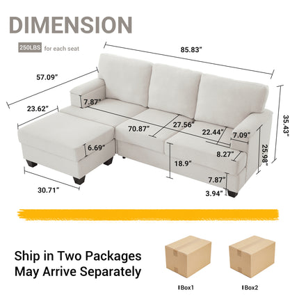 86'' L Shaped Couch With Armrest Organizer,3 Seats Sofas With Movable Ottoman,Comfy Sectional Sofa With Thick Cushion,Linen Sectional Couches For Living Room,Bedroom,Apartment,Beige
