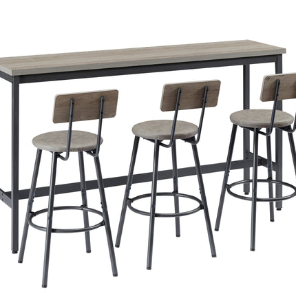 Long Bar Table Set With 3 PU Upholstered Bar Stools, Industrial Bar Table And Chairs For Kitchen Breakfast Table, Living Room, Banquet Hall, Rustic Gray And Black, 63inL X15.7 W X 37.5 H