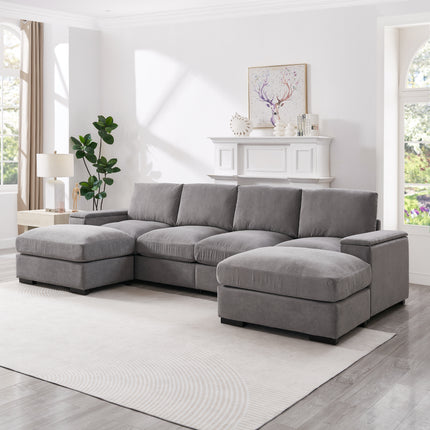 Sectional Sofa Deep Seat Sofa Couch With Ottomans, Corduroy Sofa Sleeper Comfy Upholstered Furniture For Living Room, Apartment, Office, 4-Seat & 2-Ottoman,GRAY