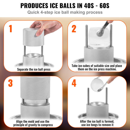 Ice Ball Press, 2.4' Ice Ball Maker, Aircraft Al Alloy Ice Ball Press Kit For 60mm Ice Sphere, Ice Press With Tong And Drip Tray, For Whiskey, Cocktail, Bourbon, Scot On Party & Holiday, Silver