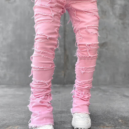 Ins Fringes Ripped Trousers Individual Patched Pants Long Tight Fit Stacked Jeans For Mens Clothing