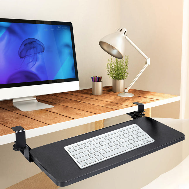 1Pc 25.59x9.64x0.51in Keyboard Mouse Tray Under Desk Retractable Slide Out Drawer Height Adjustable With C Clamp 55LBS Load