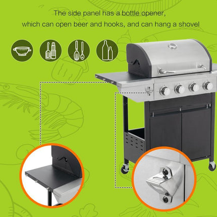 Propane Four-burner Stainless Steel Gas Grill With Side Burners, Suitable For Outdoor Patios And Gardens.