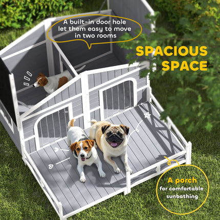 Dog House Outdoor, Wooden Dog Kennel Weatherproof with Porch, Openable Roof, Removable Bottom, Elevated Floor, Double Room for 2 Small to Medium Breeds, Gray