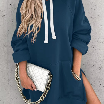 Women's Hooded Sweatshirt With Pockets Fashion Casual Split Mid-length Sweater Drawstring Tops